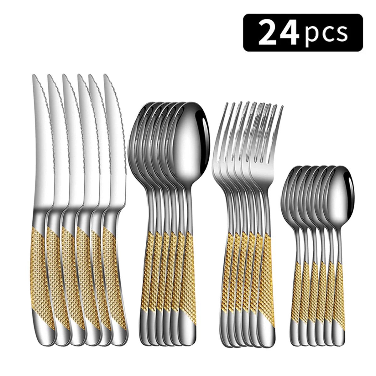 24pc Stainless steel tableware star steak knife and fork dessert fork spoon family suits.