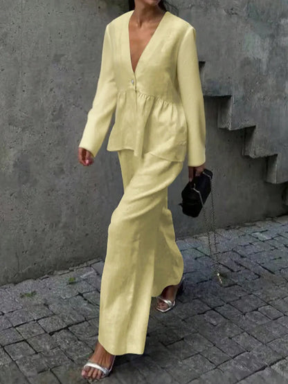 Summer Vacation Solid Color Simple Outfits Elegant V-neck Long Sleeve Tops&Wide Leg Pants Sets Fashion Loose Women's Commute Set.