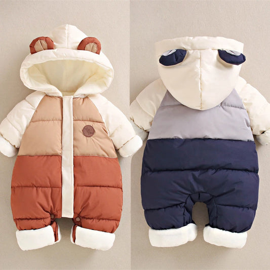 Winter Neue Baby Strampler Jungen Mädchen Patchwork Dicke Plus Samt Overalls Winddicht Mit Kapuze Overalls Schneeanzug Ein Stück Body