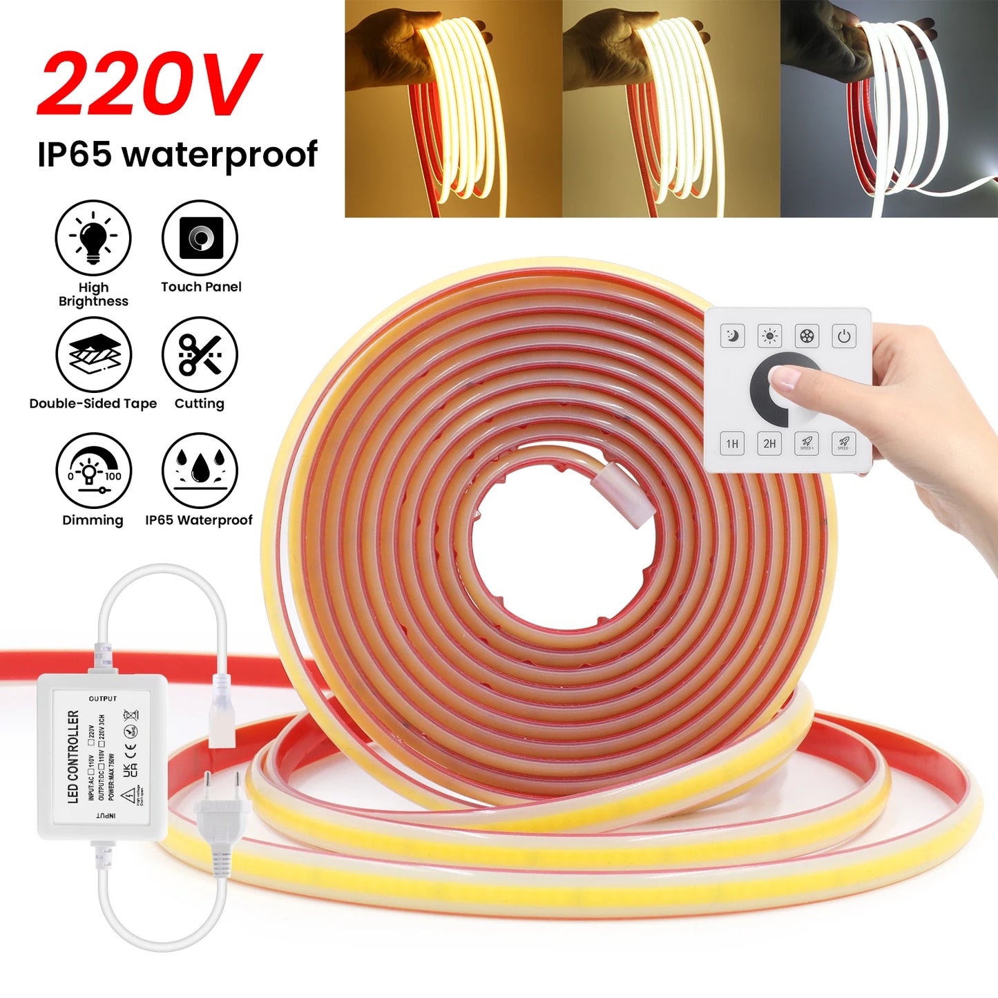 COB LED Strip Dimmable 220V 288LEDs/m Wall Touch Wifi Bluetooth Remote Control Power Kit Waterproof Silicone Tube Adhesive Tape