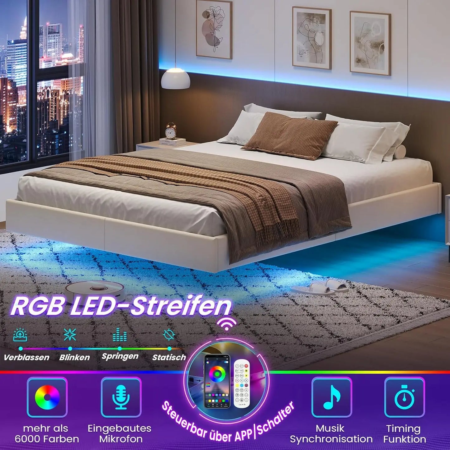 140x200 cm Polsterbett mit LED-Beleuchtung, schwebendes Bettgestell mit visuellem Effekt und Lattenrost, Bett 140x200 cm Bettrahmen