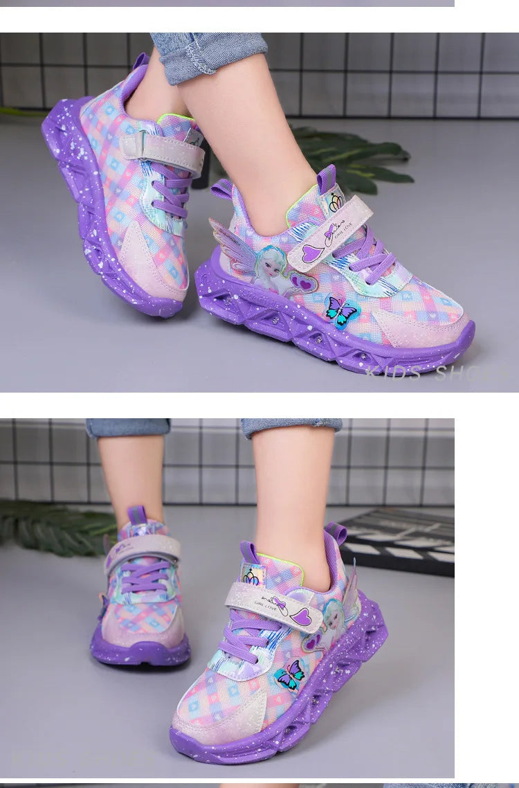 Disney Children's Sports Shoes Led Lights Sneaker Cartoon Frozen Princess  Elsa PU Leather Girls' Pink Children's Running Shoes.