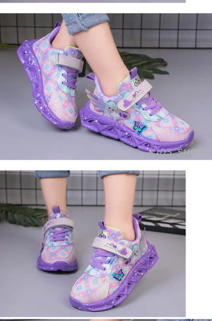 Disney Children's Sports Shoes Led Lights Sneaker Cartoon Frozen Princess  Elsa PU Leather Girls' Pink Children's Running Shoes.