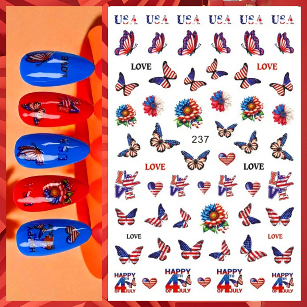 8Pcs/Set 3D USA Independence Day Nail Stickers America Flags Design Self-Adhesive Nail Art Decals DIY Manicure Decor Sliders &#.