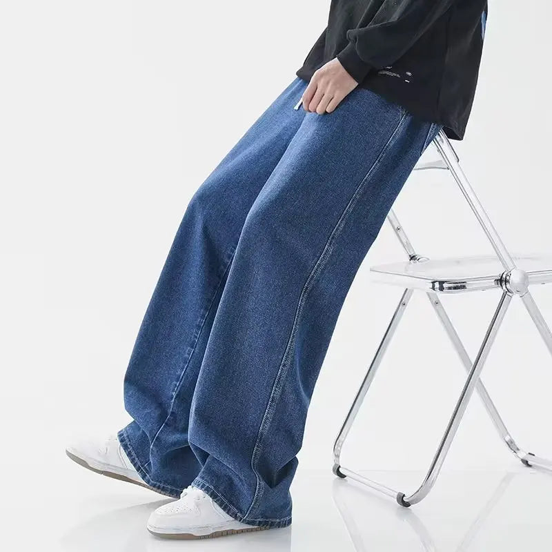 2025 New Korean Men's Casual Long Jeans Classic Man Straight Denim Wide-leg Pants Gyms Solid Color Light Blue Grey Black M-3XL.
