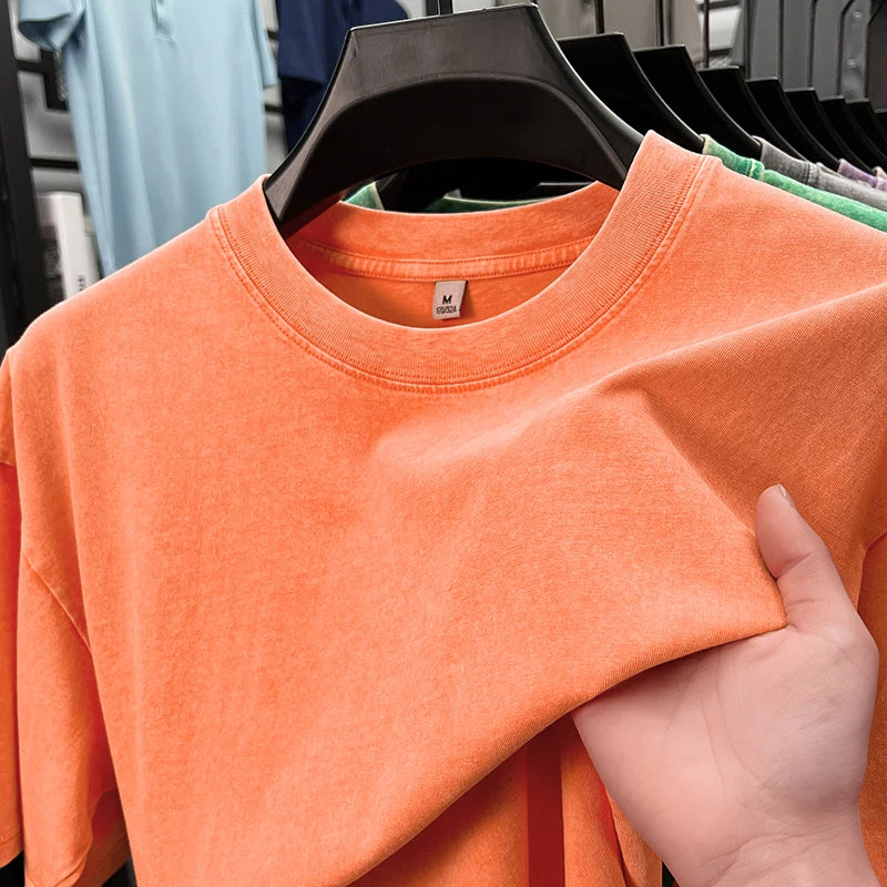 Personality washed vintage short sleeve T-shirt high-end 100% pure cotton men fashion round neck comfort lightweight casual top