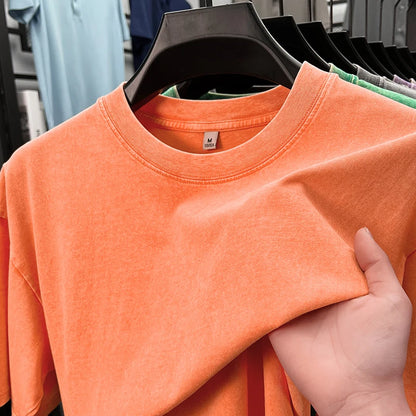 Personality washed vintage short sleeve T-shirt high-end 100% pure cotton men fashion round neck comfort lightweight casual top