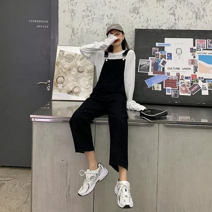 Jumpsuits Women Solid Retro Japanese Style Streetwear Denim Suspenders Trousers Harajuku Stylish Hip Hop Straight Overalls Teens.