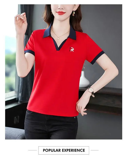 Women's Slim Fit Polo Shirt Short Sleeve T-Shirt Casual Sporty Loose Fashionable Summer Top Turn-down Collar Comfortable.