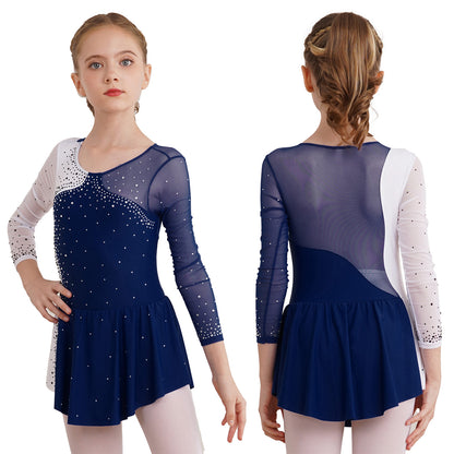 6-16Y Mädchen Eiskunstlauf Tanz Kleid Ballett Gymnastik Trikot Langarm Shiny Strass Sheer Mesh Leistung Dancewear