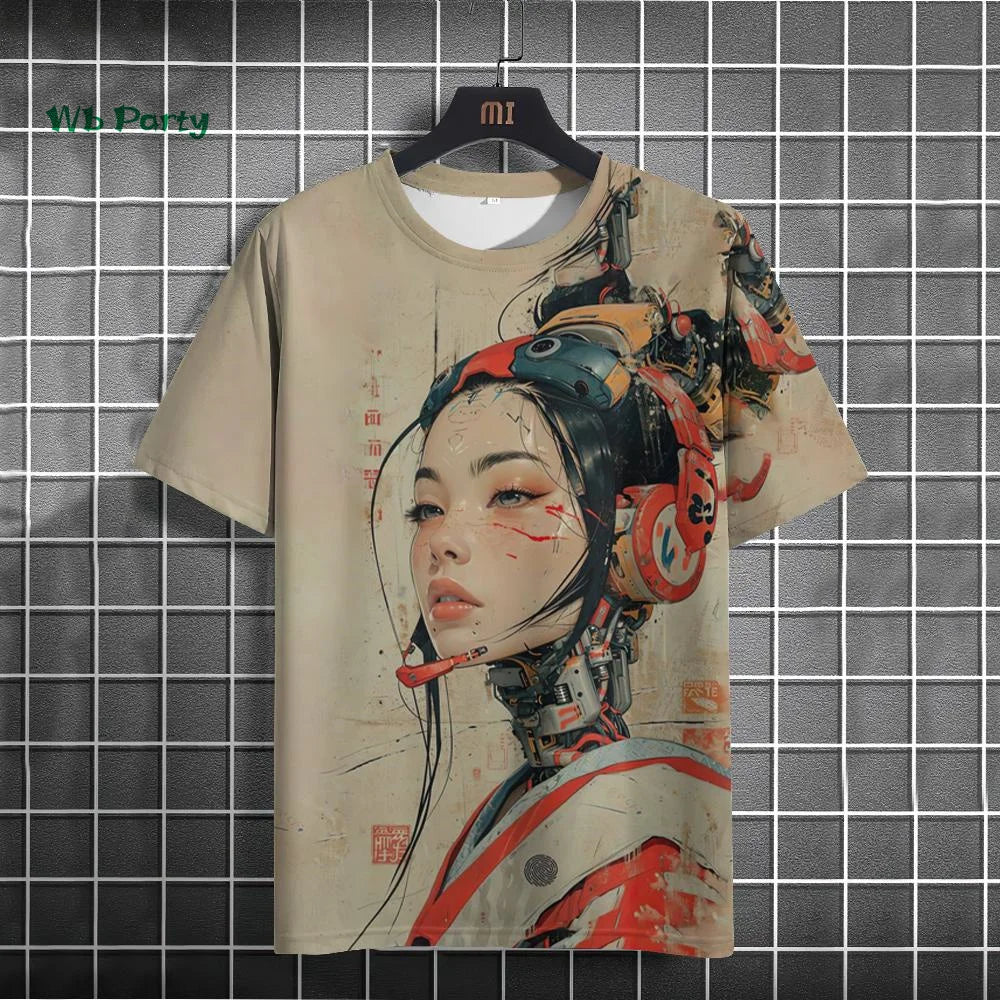Japanese Men's T-Shirt 3D Cyber Mechanical Pattern Short Sleeve T-Shirt Oversized Harajuku Top Summer Men's Street Casual Tshirt.
