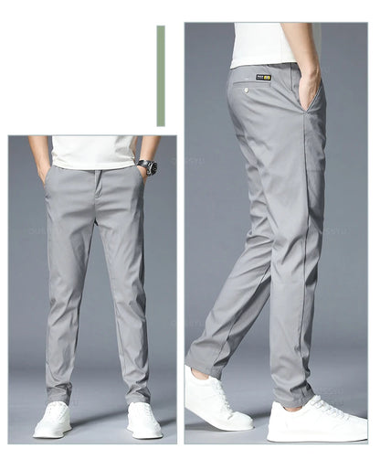 Spring Summer Casual Pants Men Thin Stretch Slim Fit Elastic Waist Business Classic Korean Trousers Male Khaki Gray 38.