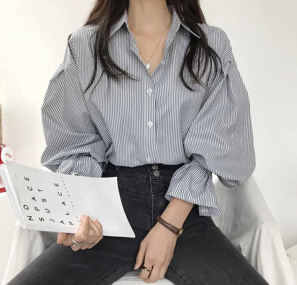 oose Stripe Women Shirts 2025 Fashion Lapel Collar Long Sleeve Shirt Elegant Classic Top.