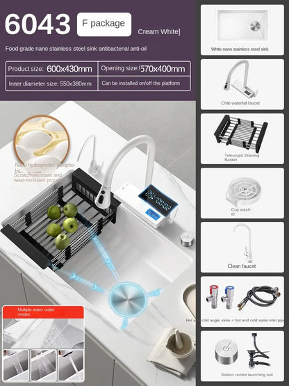 White Stainless Steel Kitchen Sink with Digital Display Multifunction Waterfall Faucet large Wash Basin for Kitchen Accessories