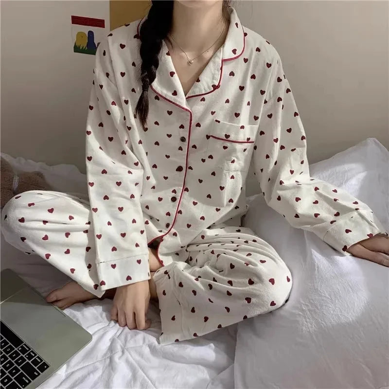 M-XXL Large Size Nightwear Women Sleepwear Autumn and Winter Cardigan Home Wear Peach Heart Long Sleeves School Silk Pajamas.