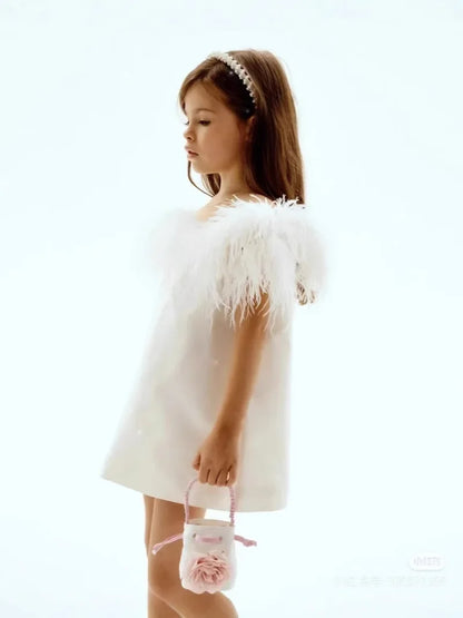 2025 Mädchen Prinzessin Kleid Klavier Leistung Bankett Outfits Geburtstag Party Kleid Weiße Feder Kinder Passende Formale Taufe.