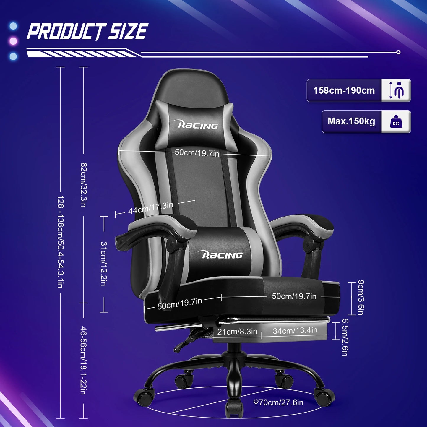 AUTHMIC Ergonomischer Gaming-Stuhl mit 170er °   Liegende Rückenlehne, faltbare Fußstütze, weiche Armlehnen, 150 kg, atmungsaktives Material