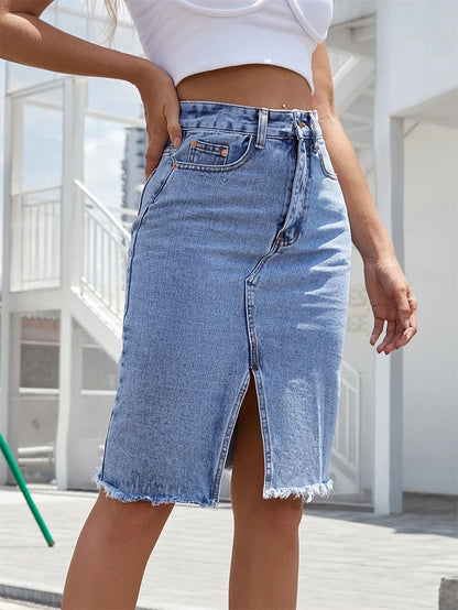 Women's Front Slit Blue Denim Skirt Pockets High Waist Slim Zipper Fly Midi Skirts 2023 Spring Female Casual Streetwear.