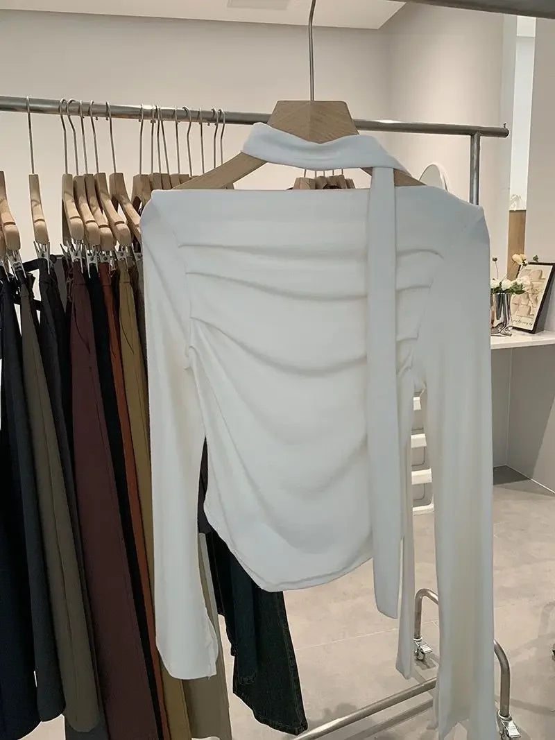 Elegant Long Sleeve Neck Hanging Sash Slim Fit T-Shirt Women's Red Black Other Pure Color Pleated Chic One Shoulder Top.