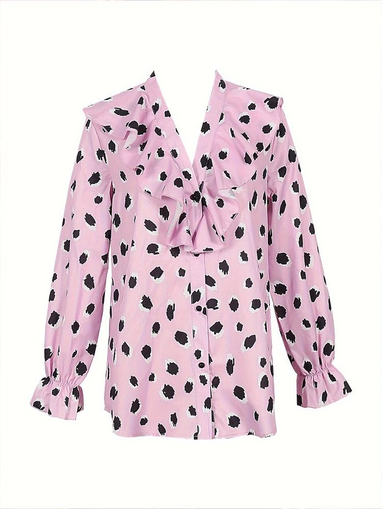 Ladies Spring Summer Long Sleeve V Neck Ruffle Shirt Loose Vintage Women's Streetwear Vintage Style Ladies Top.