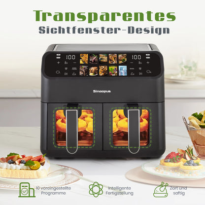 10L Multi Function Dual Basket air fryers Smart machine Viewing Window Electric Hot fryer Oilless Cooker with LED Touch Control.