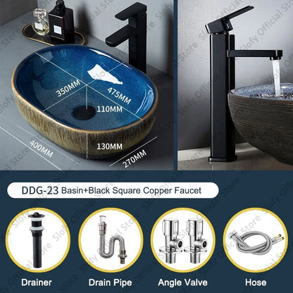 Vintage Elegant Countertop Washbasin Classic Blue Art Hotel Ceramic Basins Sink Multiple Styles Outdoor Balcony Bathroom Sinks