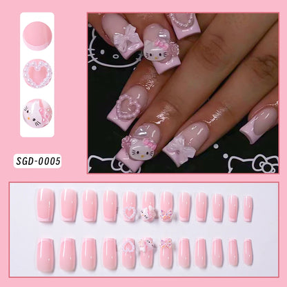 24Pcs Long Square Pink Hello Kitty False Nails French Wearable Full Cover Fake Nails Kitty Cat Bow Heart Design Press On Nails