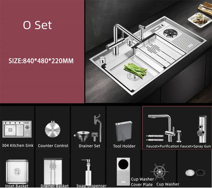 Large Size Nano Meter Cup Rinser Stepped Kitchen Sink 304 Stainless Steel 4mm Thickness Handmade Sinks With Knife Holder