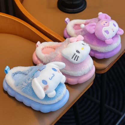Sweet Family Winter Warm Slippers Cute Kawaii Sandals Kuromi My Melody Hello Kitty Soft Sole Shoes.