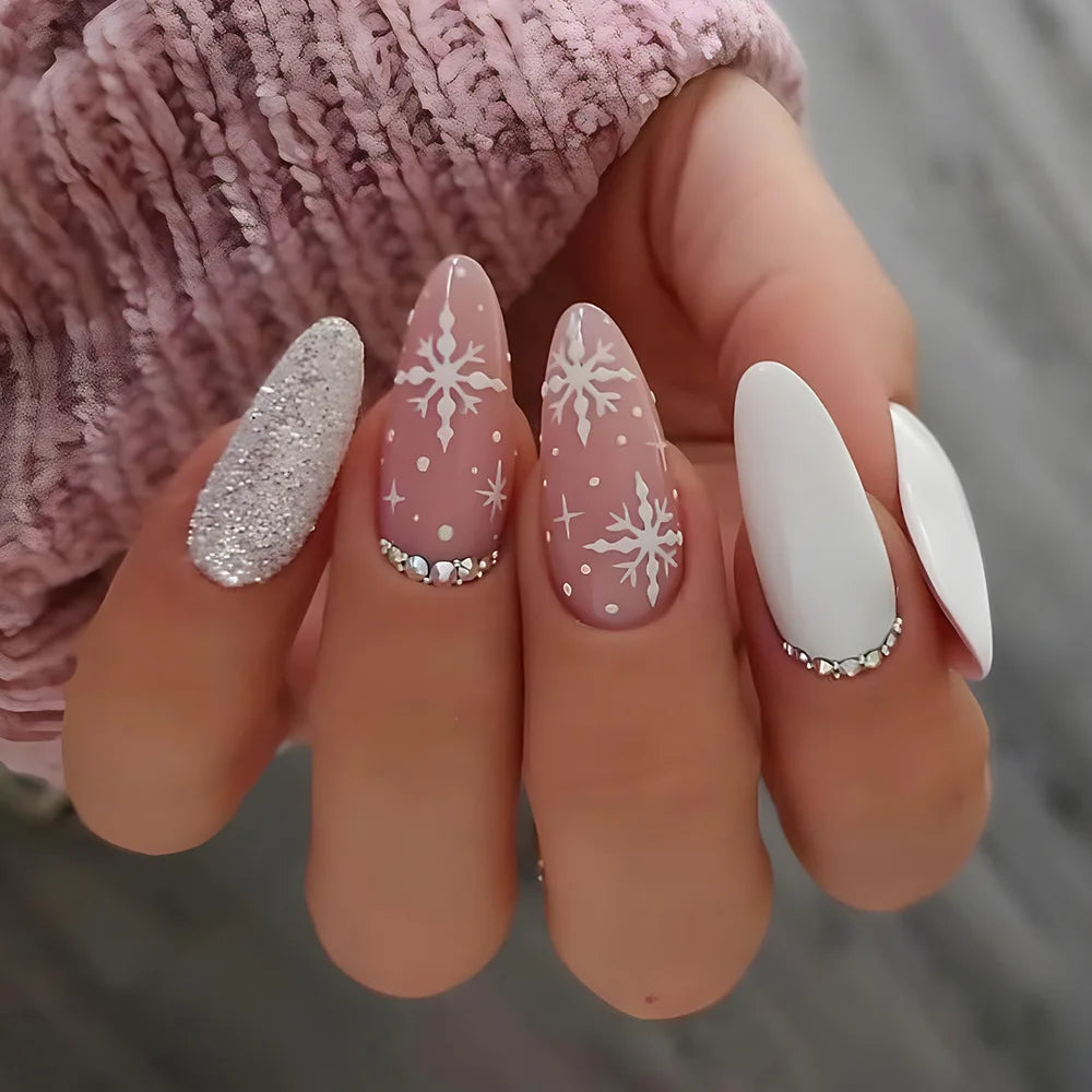 24Pcs Christmas Press on Nails White Snowflake  Fake Nails French Almond Glitter Artificial Nails Full Cover Nail New Year Gifts.