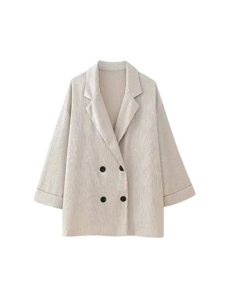 Women's Double-Breasted Loose Blazer Coat and High Elastic Waist Wide Leg Pants, Female Two Piece Sets, Fashion.