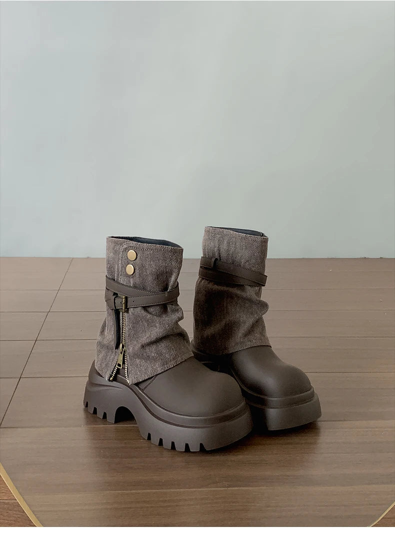 Winter Punk Style Women Ankle Boots Fashion Belt Buckle Shoes Ladies Concise Chunky Platform Heel Short Booties Zapatos De Mujer