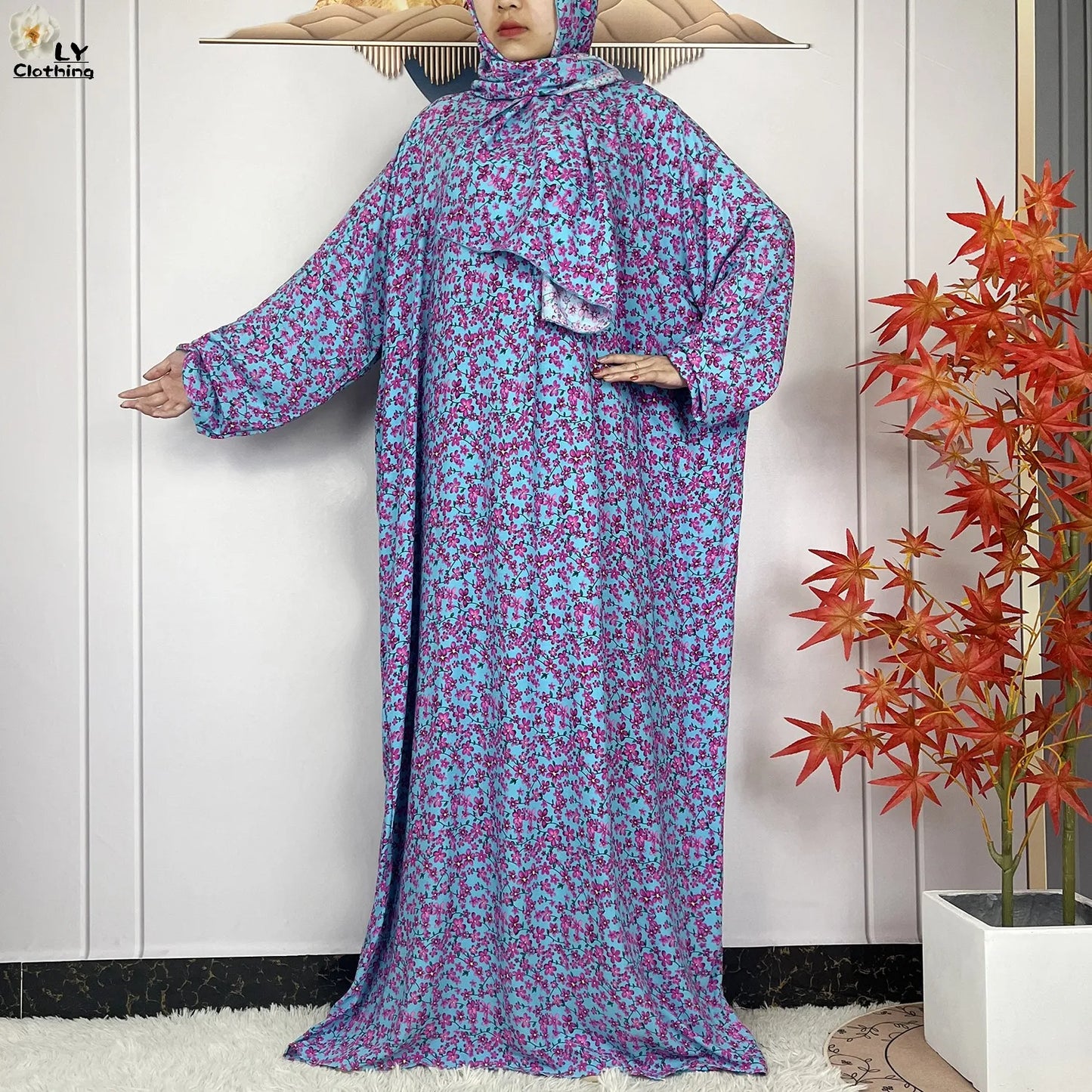 New Muslim Long Sleeved Cotton For Women Ramadan Prayer Turkey Middle East Femme Robe Floral Loose African Abaya Dress Scarfs
