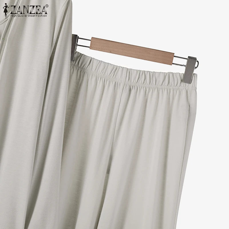 Women Autumn Tracksuits 3pcs Pant Sets ZANZEA Fashion Casual 3-Pieces Sets Solid Tank Tops and Cardigans Wide Leg Trousers Suit.