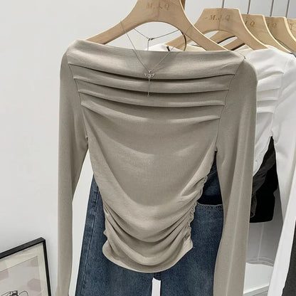 Spicy Girl Style One-Collar Ruffles Cropped Long Sleeve T-Shirt Women's Autumn/Winter New Arrival Base Layer Sweatshirt