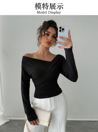2025 Autumn Winter 2025 Solid-color Fashion Tops for Women Long Sleeve Blouses One-shoulder Collar Slimming Shirts Office Lady.