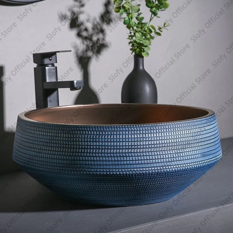 Understated Luxus-Waschbecken aus Metallglasur, Keramik, blaue Muster, Hotel- und Heimwaschbecken, kreative Kunst, Balkon-Waschbecken im Freien