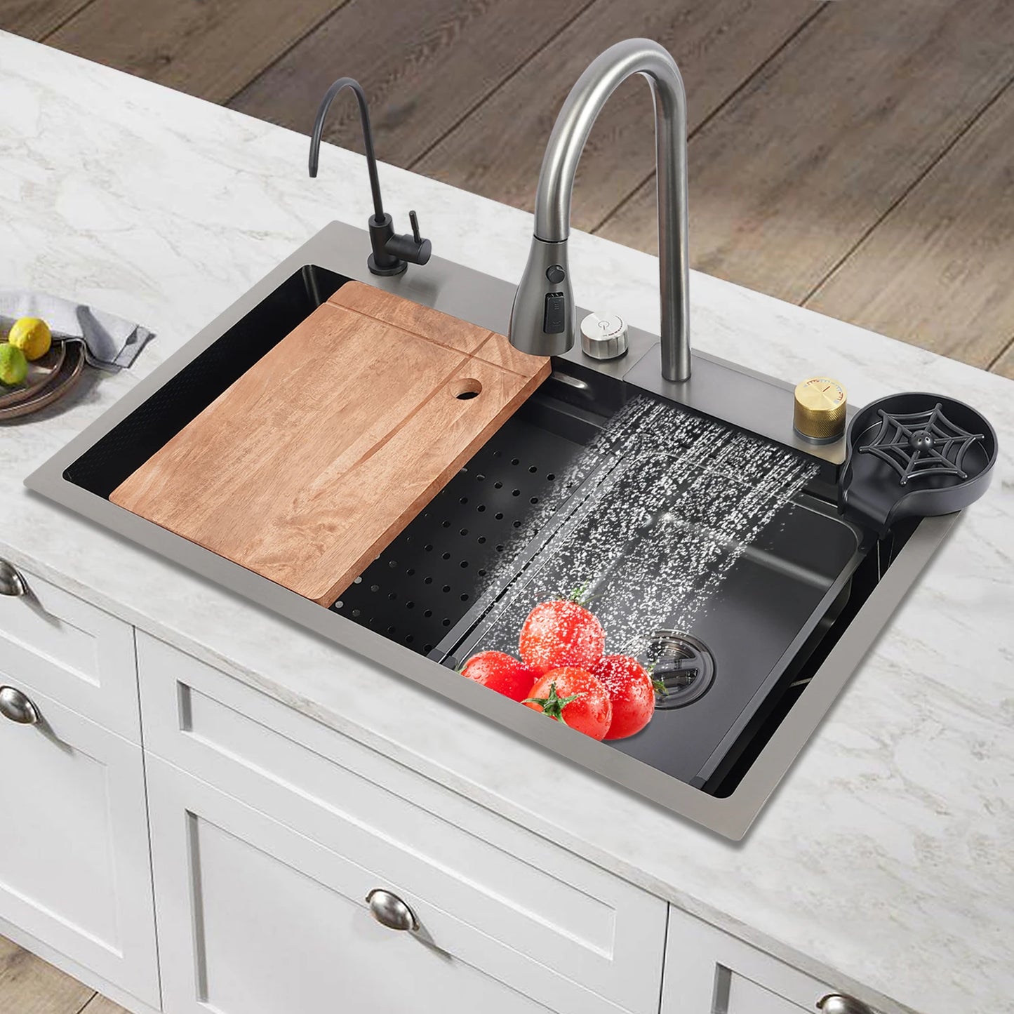 75 cm große Küchenspüle aus Edelstahl, Haushaltsspülbecken-Set mit großem Fassungsvermögen und mehreren Zubehörteilen, 3 Wasserausgangsmodi