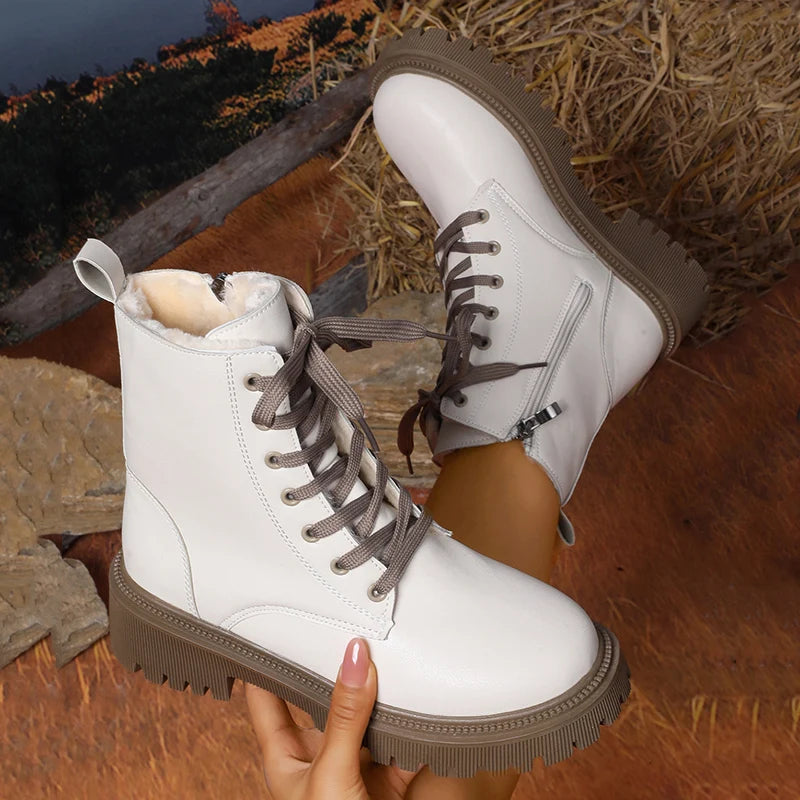 Autumn Winter Short Plush Ankle Boots Women Fashion Lace Up Pu Leather Platform Boots Woman Thick Sole Motorcycle Botas Mujer 42.