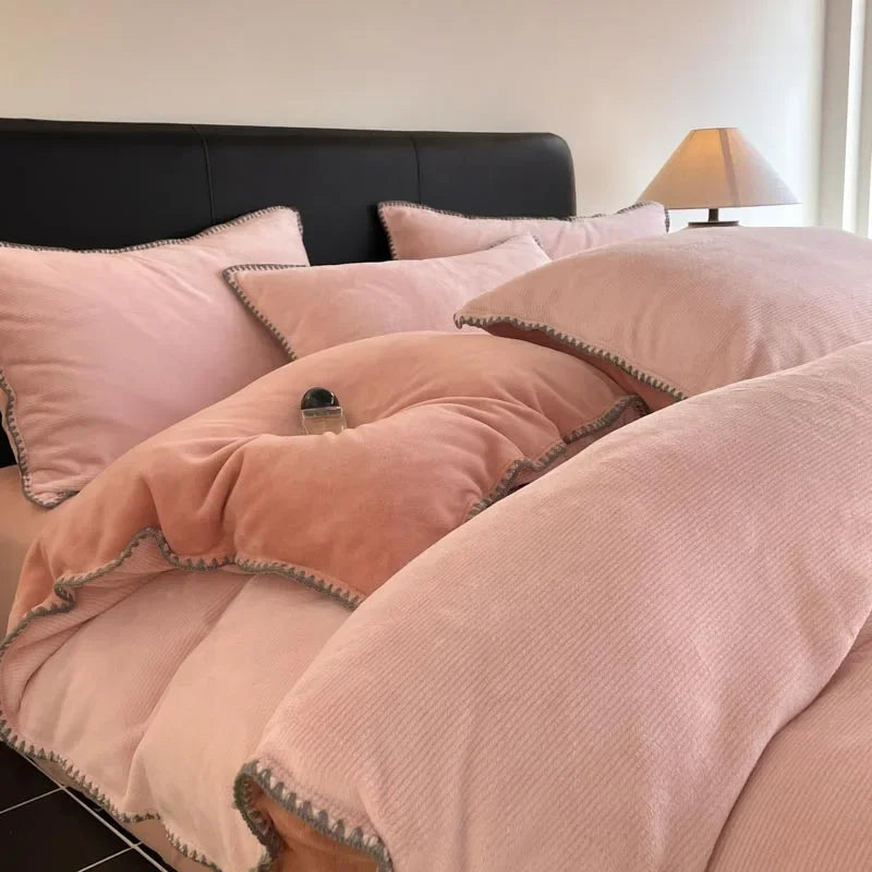2024 new matte thin strip shell edge winter bed four-piece set milk fleece coral fleece thickened warm bed sheet quilt cover.