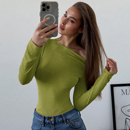 Blifanbo Oblique Shoulder Long Sleeve Tops For Women Metal Buckle Slim Fit Sexy Solid Color Bodycon Fashion BasicTop Streetwear