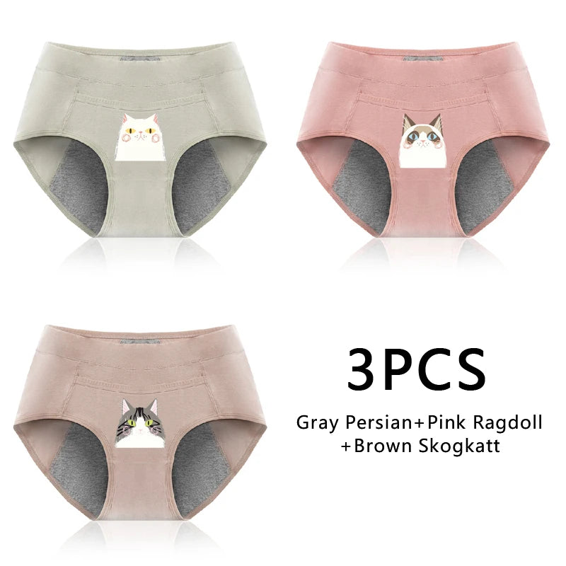 3PCS Cotton Menstrual Panties Leak Proof Breathable Cartoon cat Panties Woman Women Girls Physiological Pants Women's Intimates