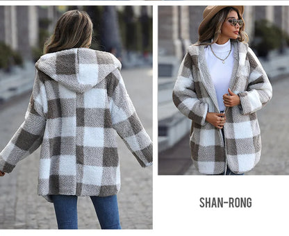 2025 herbst Winter Frauen Plüsch Mit Kapuze Jacke Weibliche Elegante Dicke Lose Plaid Print Mantel Damen Casual Zwei-seitige warme Lange Mantel