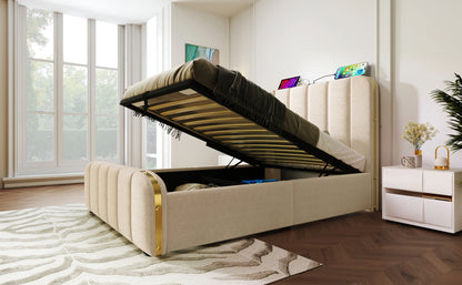 90*200 cm Flachbett, Rahmenbett, Polsterbett Einzelbett, mit gepolstertem Kopfteil, hydraulisches Stauraumbett (mit Matratze)