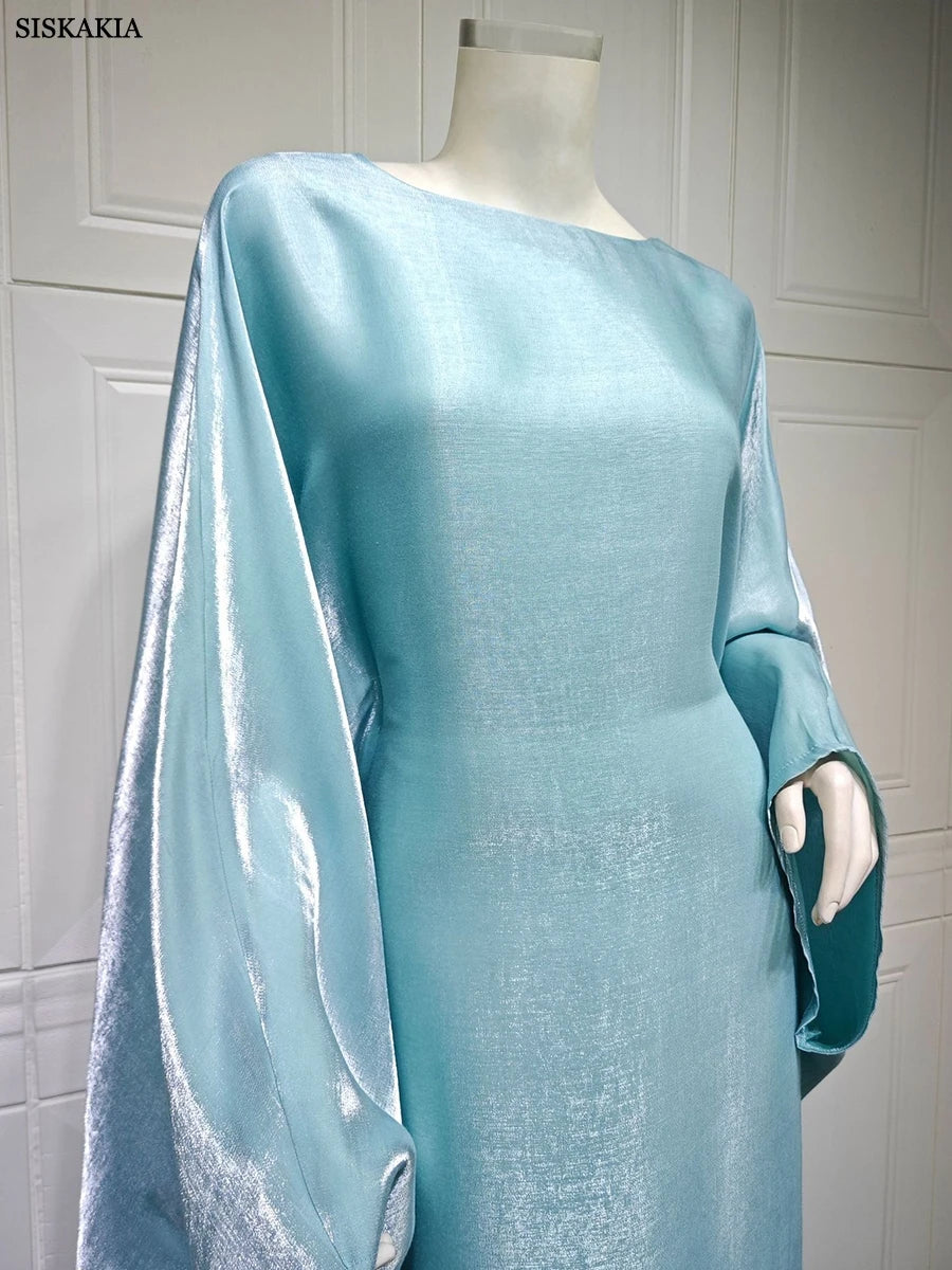 Siskakia Muslim 2024 New Eid Dresses Solid Shiny Satin Batwing Sleeve Modest Kebaya Turkish African Women Abayas Saudi Clothing.
