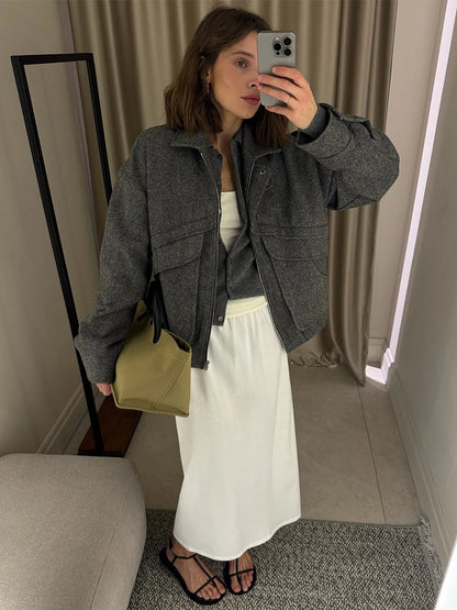 Tossy Autumn Grey Zipper Outwear Jackets Female Solid Loose Patchwork High Waist Cropped Top Coat Streetwear Women's Y2k Jackets.