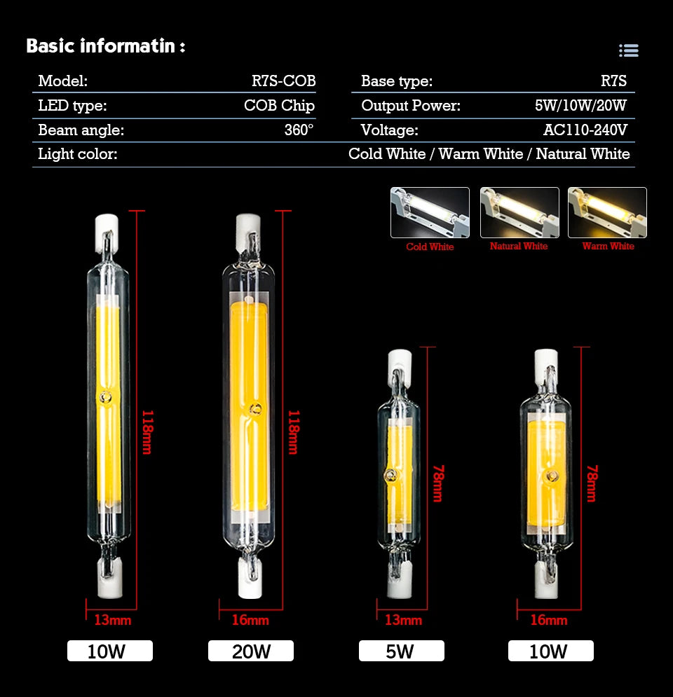High Power LED R7S Glass Tube COB Bulb Ceramics 110V 220V 78MM 118MM R7s Corn Lamp 5W 10W 20W J78 J118 Replace Halogen Lampadas.