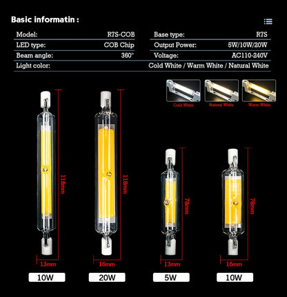 High Power LED R7S Glass Tube COB Bulb Ceramics 110V 220V 78MM 118MM R7s Corn Lamp 5W 10W 20W J78 J118 Replace Halogen Lampadas.