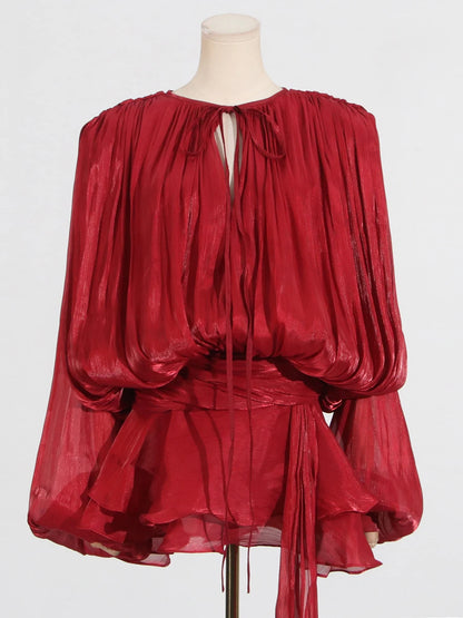 GALCAUR Solide Lose Splicd Lace Up Kleider Für Frauen V-ausschnitt Mit Langen Ärmeln Patchwork Rüschen Tunika Kleider Weibliche Mode Neue