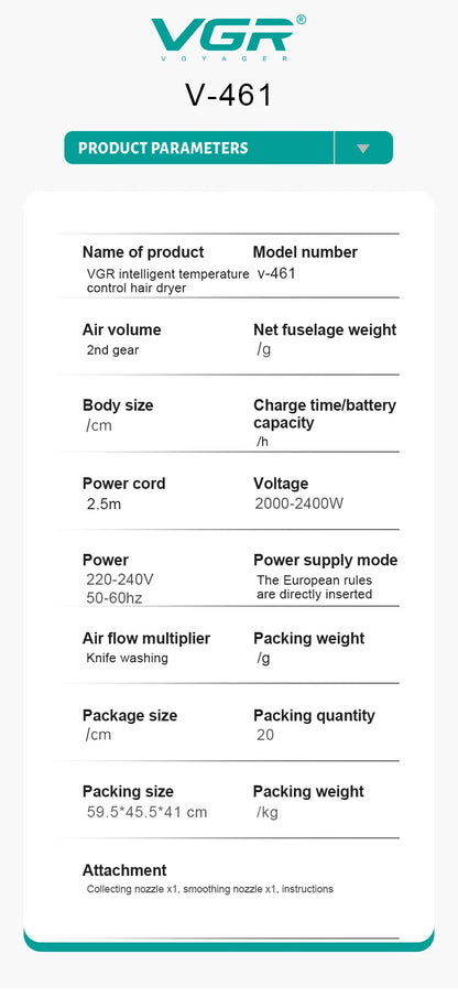 VGR2000-2400W ultra large wind power hair dryer, quick drying hair styling hair dryer, dormitory home gradient hair dryer V-461